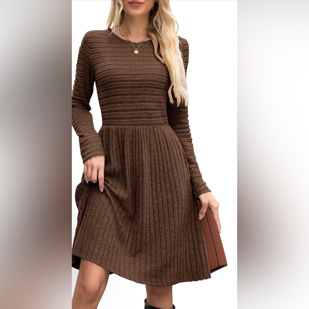 NWT Elegant Brown Ribbed Knit Sweater Dress with Pockets